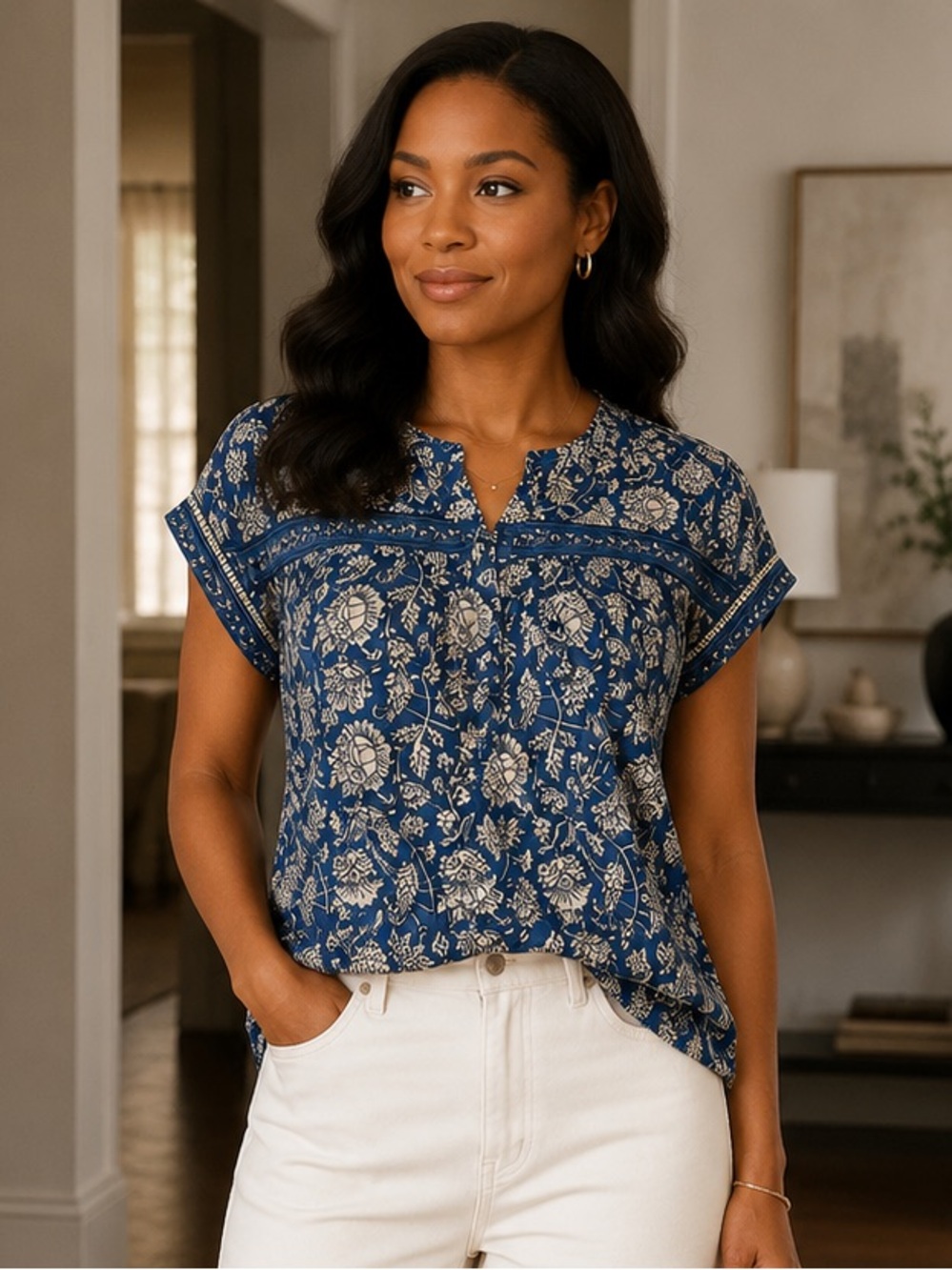 Pure J.Jill Hand Block Floral Print Popover Dolman Peasant Top Cotton Size S